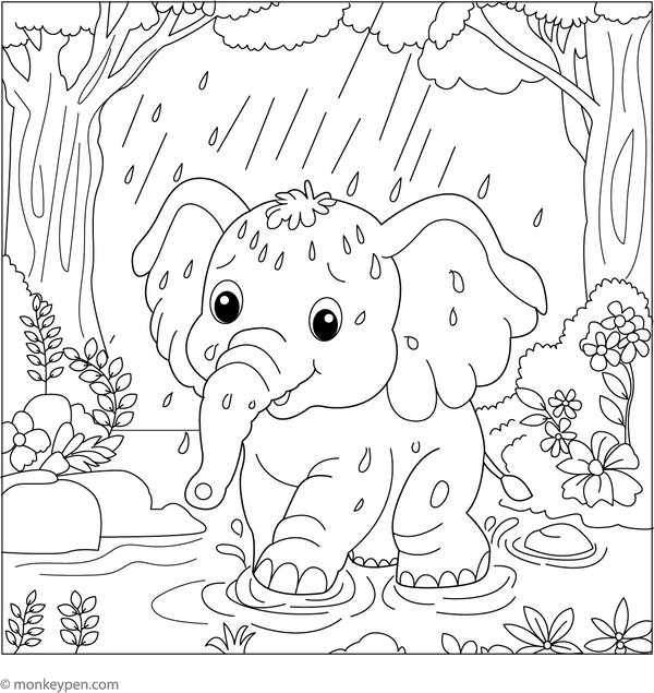Elephant in the Rain Coloring Page – printable animal drawing for children
