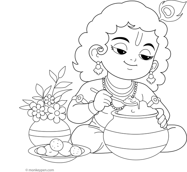 Krishna Eating Butter Coloring Page – fun and educational printable for children
