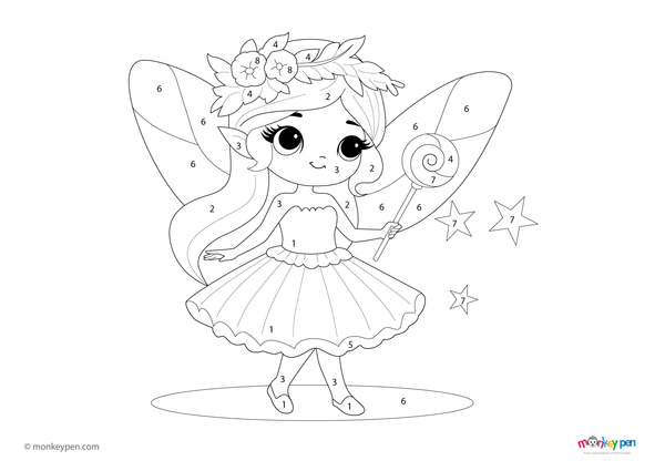 A whimsical fairy with sparkling wings and a magic wand in a dreamy background, presented in a color-by-number design. This free PDF download invites children to explore creativity and number skills through a magical, fantasy-themed coloring activity.