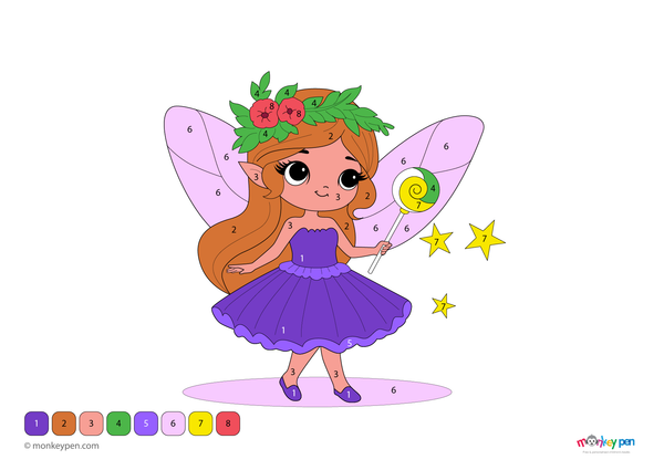 A whimsical fairy with sparkling wings and a magic wand in a dreamy background, presented in a color-by-number design. This free PDF download invites children to explore creativity and number skills through a magical, fantasy-themed coloring activity.