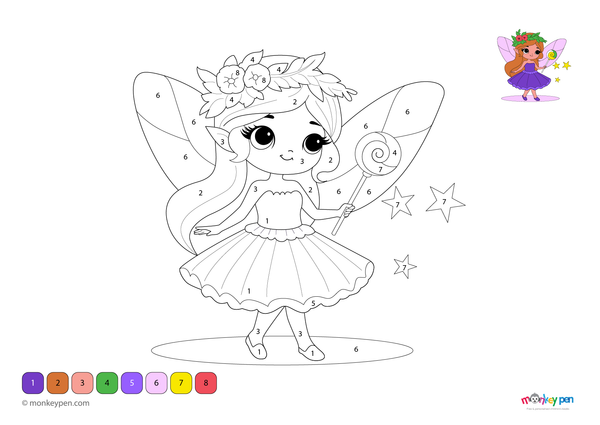 A whimsical fairy with sparkling wings and a magic wand in a dreamy background, presented in a color-by-number design. This free PDF download invites children to explore creativity and number skills through a magical, fantasy-themed coloring activity.
