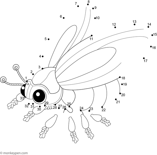 Printable educational dot-to-dot worksheet of a cartoon beetle for children to connect and color.