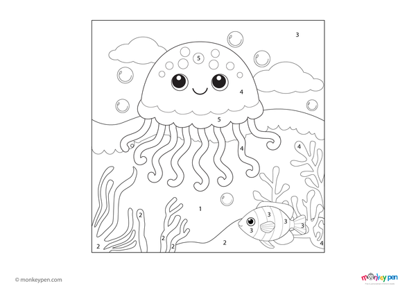 A delicate jellyfish floating through an ocean scene is featured in this free downloadable color-by-number PDF, helping young children practice number recognition while exploring marine life through creative coloring.