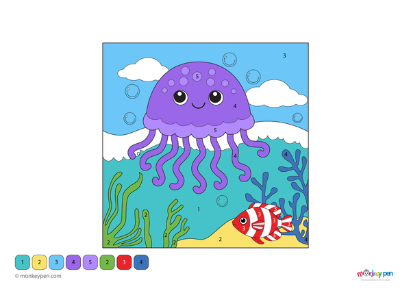 A delicate jellyfish floating through an ocean scene is featured in this free downloadable color-by-number PDF, helping young children practice number recognition while exploring marine life through creative coloring.