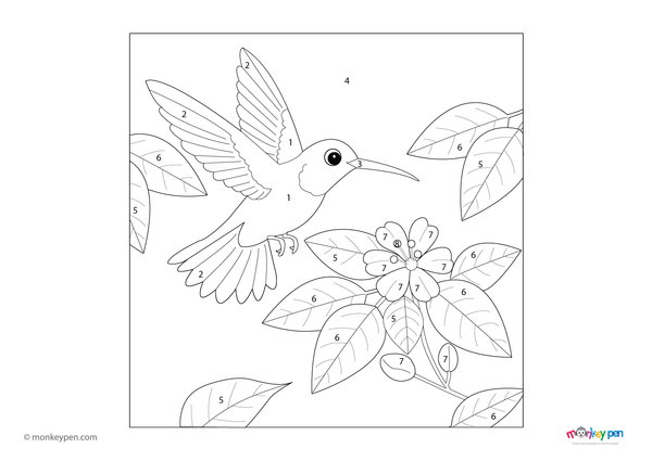 A colorful hummingbird hovering near blooming flowers is the focus of this free downloadable color-by-number PDF, designed to help kids learn numbers while enjoying a creative nature-themed coloring activity.