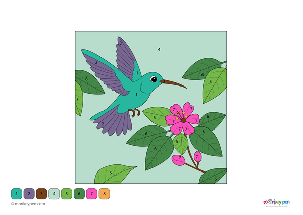 A colorful hummingbird hovering near blooming flowers is the focus of this free downloadable color-by-number PDF, designed to help kids learn numbers while enjoying a creative nature-themed coloring activity.