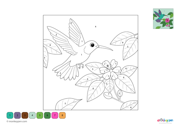 A colorful hummingbird hovering near blooming flowers is the focus of this free downloadable color-by-number PDF, designed to help kids learn numbers while enjoying a creative nature-themed coloring activity.