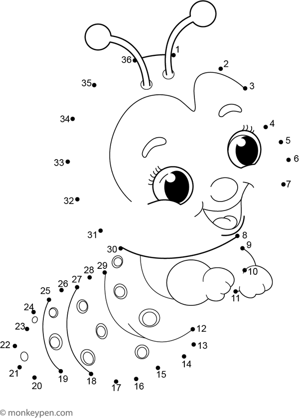Educational dot-to-dot worksheet of a cartoon caterpillar for children to connect and color.