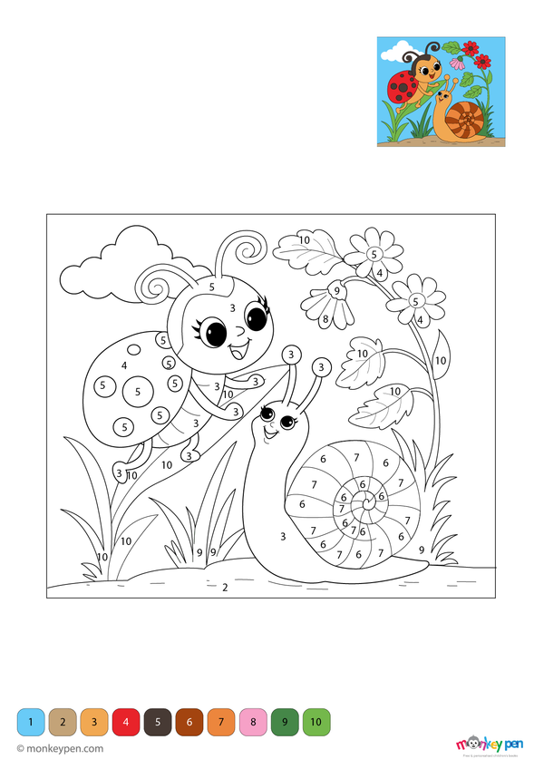A cheerful ladybug and a friendly snail on a leafy garden path are featured in this free downloadable color-by-number PDF, helping kids practice number recognition while exploring nature through coloring.