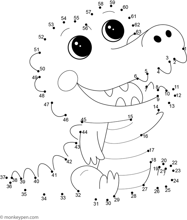 Free printable dot-to-dot worksheet illustrating a cartoon crocodile with a long snout for children to connect and color.