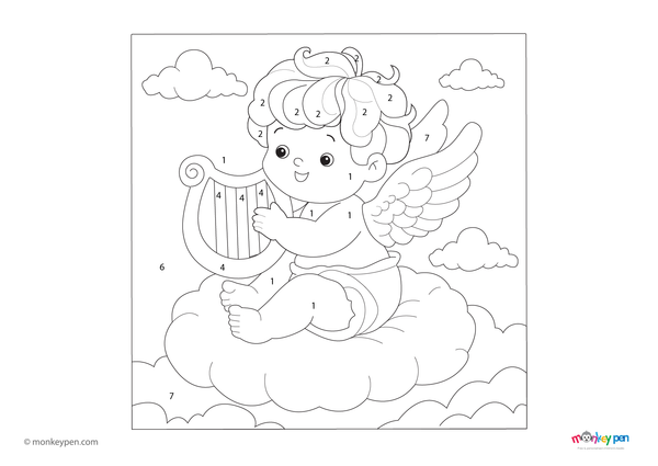 A gentle cherub with delicate wings floats in a soft sky in this free downloadable color-by-number PDF, perfect for preschoolers to enjoy a peaceful, number-based coloring activity.