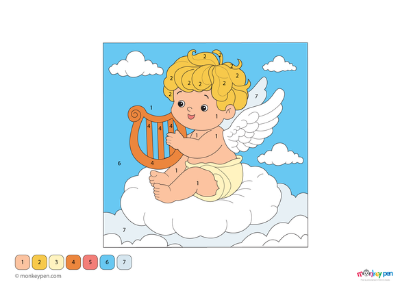 A gentle cherub with delicate wings floats in a soft sky in this free downloadable color-by-number PDF, perfect for preschoolers to enjoy a peaceful, number-based coloring activity.