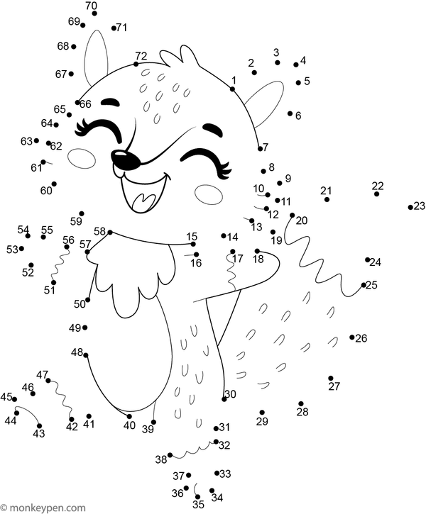 Dot to dot worksheet of a cartoon fox with a bushy tail for children to connect and colour.