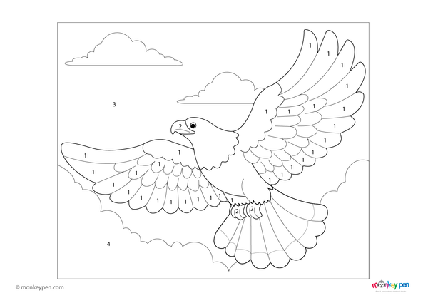 A soaring eagle with outstretched wings glides through the sky in this free downloadable color-by-number PDF, perfect for preschoolers to practice number recognition while learning about birds of prey.