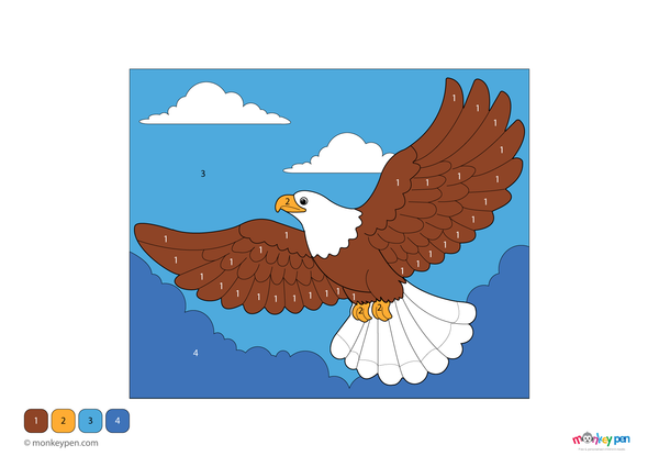 A soaring eagle with outstretched wings glides through the sky in this free downloadable color-by-number PDF, perfect for preschoolers to practice number recognition while learning about birds of prey.