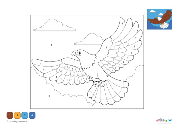A soaring eagle with outstretched wings glides through the sky in this free downloadable color-by-number PDF, perfect for preschoolers to practice number recognition while learning about birds of prey.