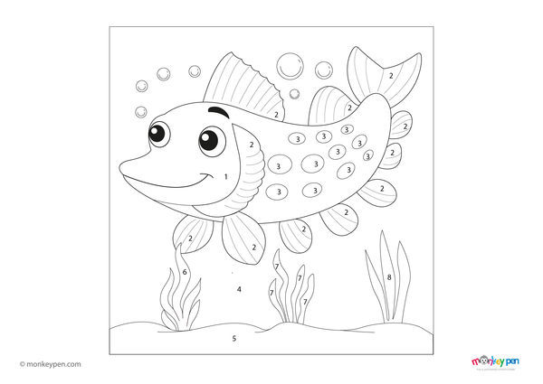 A detailed pike fish swimming through an underwater habitat is featured in this free downloadable color-by-number PDF, designed to teach kids number recognition while exploring aquatic life through coloring.