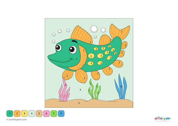 A detailed pike fish swimming through an underwater habitat is featured in this free downloadable color-by-number PDF, designed to teach kids number recognition while exploring aquatic life through coloring.