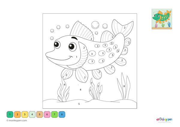 A detailed pike fish swimming through an underwater habitat is featured in this free downloadable color-by-number PDF, designed to teach kids number recognition while exploring aquatic life through coloring.