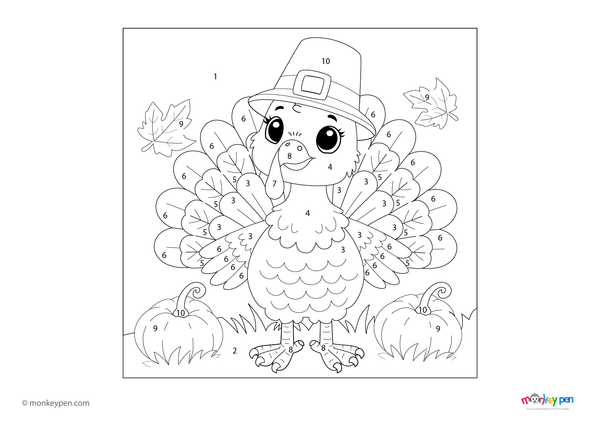 A smiling turkey with detailed tail feathers is the centerpiece of this festive color-by-number PDF, free to download and perfect for helping kids learn numbers during the Thanksgiving season.