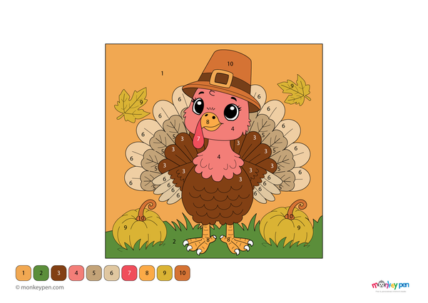 A smiling turkey with detailed tail feathers is the centerpiece of this festive color-by-number PDF, free to download and perfect for helping kids learn numbers during the Thanksgiving season.