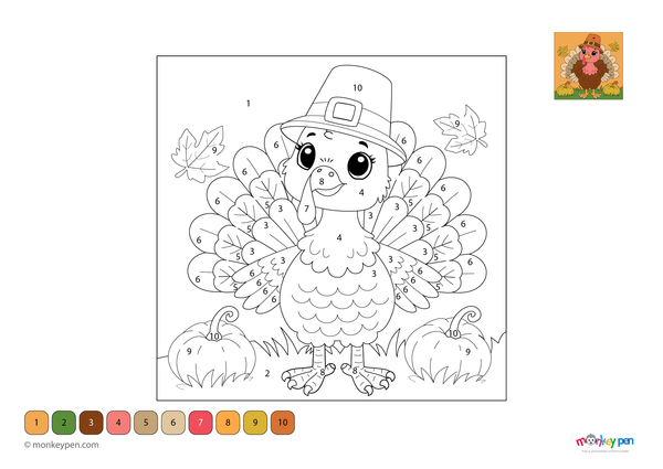 A smiling turkey with detailed tail feathers is the centerpiece of this festive color-by-number PDF, free to download and perfect for helping kids learn numbers during the Thanksgiving season.