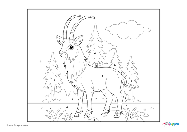 A rare Saola with long horns standing in a forest scene is featured in this free downloadable color-by-number PDF, helping kids learn numbers while exploring endangered species through coloring.