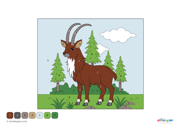 A rare Saola with long horns standing in a forest scene is featured in this free downloadable color-by-number PDF, helping kids learn numbers while exploring endangered species through coloring.