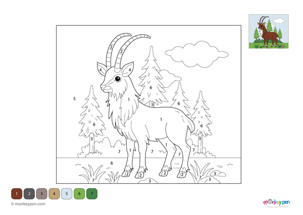 A rare Saola with long horns standing in a forest scene is featured in this free downloadable color-by-number PDF, helping kids learn numbers while exploring endangered species through coloring.