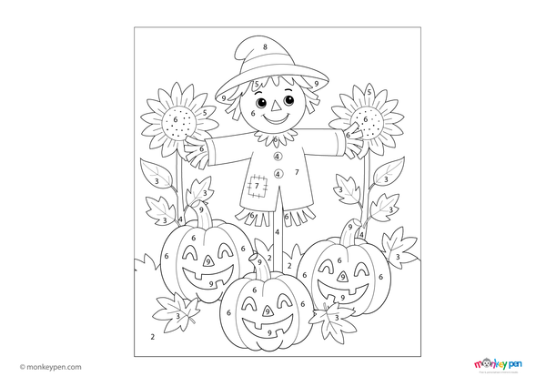 A happy scarecrow standing in a sunny field surrounded by crops is featured in this seasonal color-by-number PDF, free to download and ideal for preschoolers learning numbers through festive fall coloring fun.