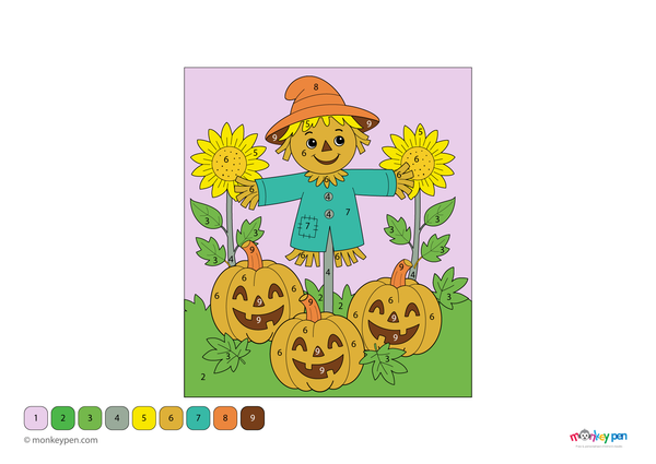 A happy scarecrow standing in a sunny field surrounded by crops is featured in this seasonal color-by-number PDF, free to download and ideal for preschoolers learning numbers through festive fall coloring fun.