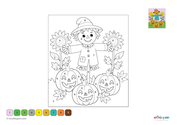 A happy scarecrow standing in a sunny field surrounded by crops is featured in this seasonal color-by-number PDF, free to download and ideal for preschoolers learning numbers through festive fall coloring fun.