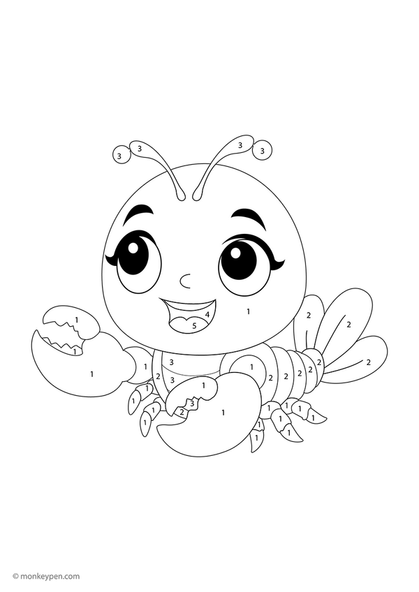 Downloadable baby lobster color-by-number worksheet featuring bright claws, a curved shell, and expressive eyes—an engaging ocean-themed printable that helps kids practice numbers through creative coloring.