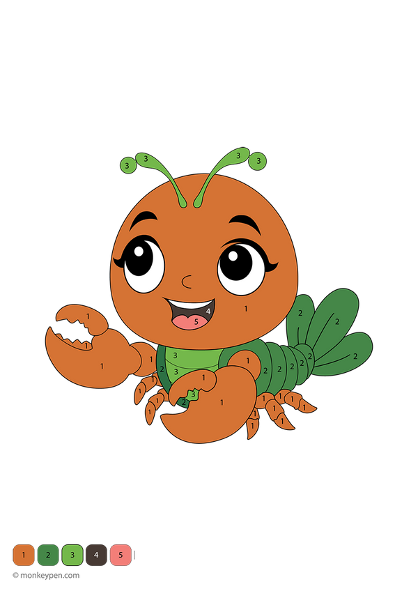 Downloadable baby lobster color-by-number worksheet featuring bright claws, a curved shell, and expressive eyes—an engaging ocean-themed printable that helps kids practice numbers through creative coloring.