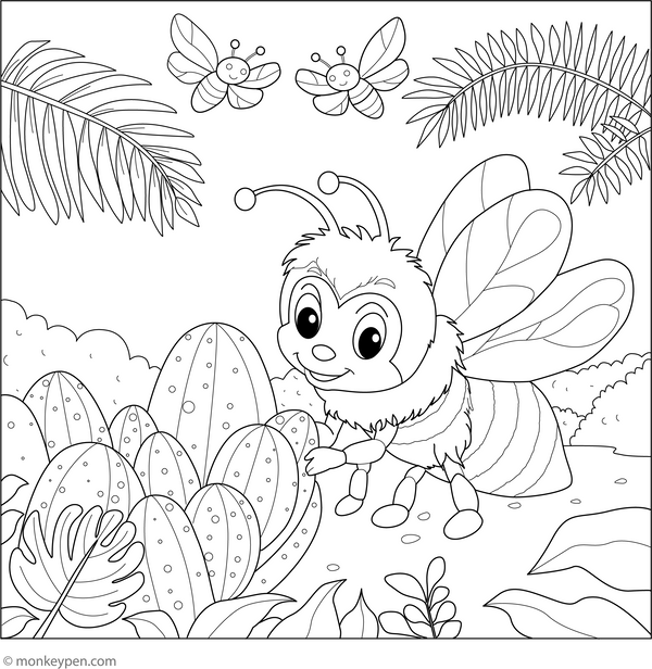 Bee Exploring Tropical Garden Coloring Page | Free Coloring Pages