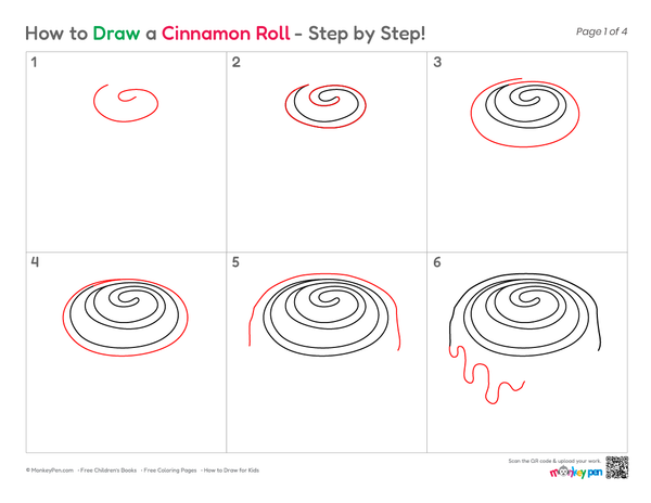 Step-by-step cinnamon roll illustration designed for colouring practice.