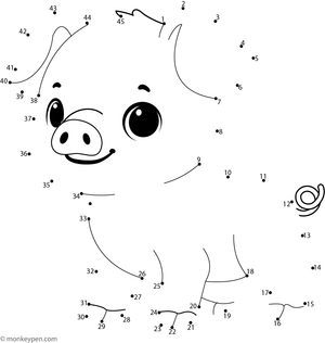 Printable dot to dot worksheet showing a cartoon pig with a curly tail and snout for children to connect and color