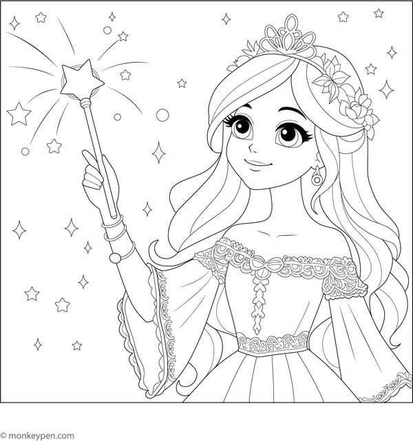 Princess with Magic Wand Coloring Page – fun and educational printable for children