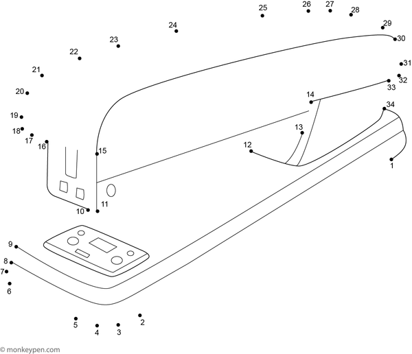 Printable dot-to-dot worksheet of a cartoon stapler for children to connect and color.