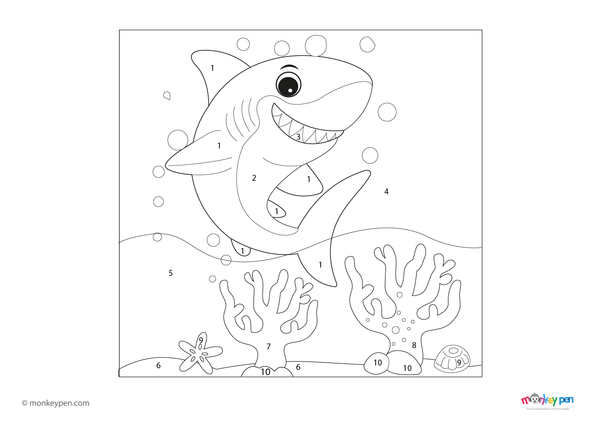 A sleek shark swimming through the ocean is the focus of this free downloadable color-by-number PDF, perfect for teaching children about marine life while reinforcing number recognition through coloring.
