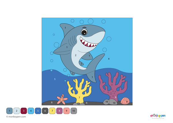A sleek shark swimming through the ocean is the focus of this free downloadable color-by-number PDF, perfect for teaching children about marine life while reinforcing number recognition through coloring.
