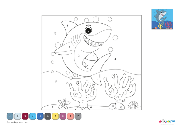 A sleek shark swimming through the ocean is the focus of this free downloadable color-by-number PDF, perfect for teaching children about marine life while reinforcing number recognition through coloring.