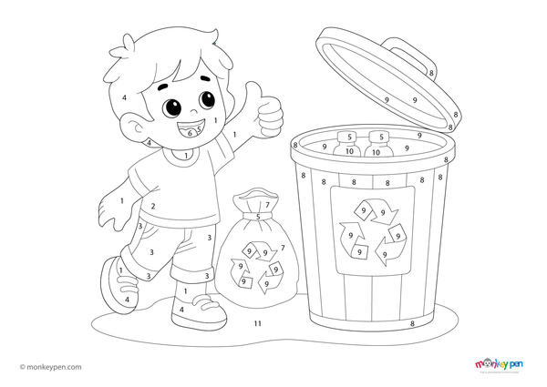 A simple scene showing a dustbin and waste disposal, featured in this free downloadable color-by-number PDF that helps children learn numbers while promoting environmental responsibility through fun coloring.