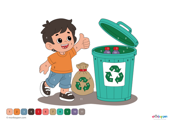 A simple scene showing a dustbin and waste disposal, featured in this free downloadable color-by-number PDF that helps children learn numbers while promoting environmental responsibility through fun coloring.