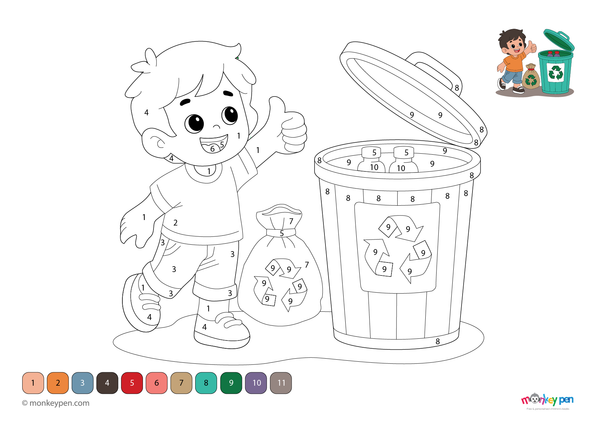 A simple scene showing a dustbin and waste disposal, featured in this free downloadable color-by-number PDF that helps children learn numbers while promoting environmental responsibility through fun coloring.
