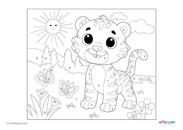 A powerful tiger surrounded by jungle plants is featured in this free downloadable color-by-number PDF, perfect for helping kids learn numbers while exploring wildlife through coloring.