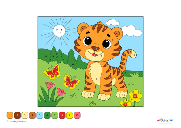 A powerful tiger surrounded by jungle plants is featured in this free downloadable color-by-number PDF, perfect for helping kids learn numbers while exploring wildlife through coloring.