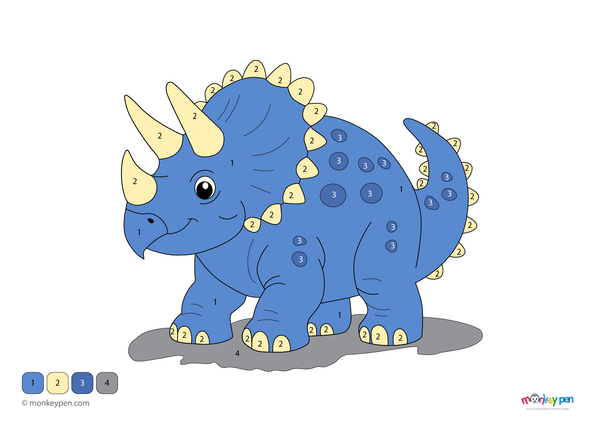 A friendly Triceratops dinosaur set in a prehistoric landscape stars in this free downloadable color-by-number PDF, designed to help children practice numbers while enjoying a dino-themed coloring activity.