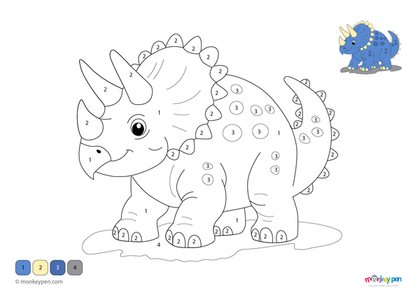 A friendly Triceratops dinosaur set in a prehistoric landscape stars in this free downloadable color-by-number PDF, designed to help children practice numbers while enjoying a dino-themed coloring activity.