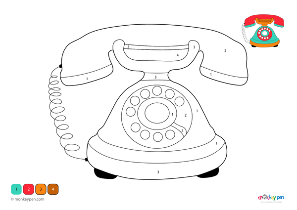 A retro rotary telephone is the focus of this fun color-by-number worksheet, available as a free downloadable PDF that helps kids practice numbers while exploring vintage technology through coloring.
